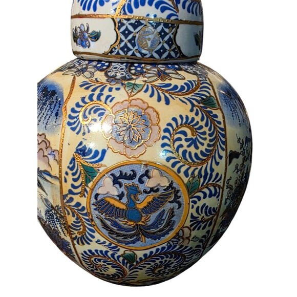 Vintage Ginger Jar Blue & White Porcelain Lid Hand-Painted Birds & Floral Motif - Picture 10 of 11